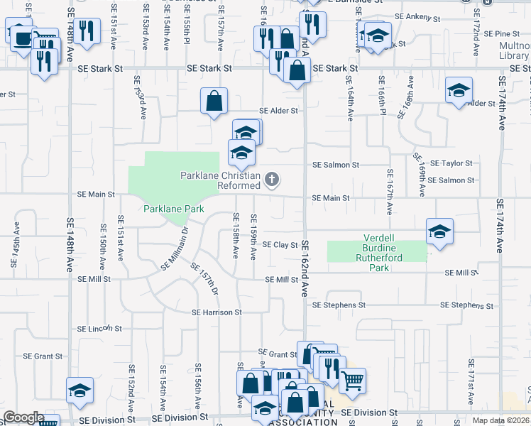 map of restaurants, bars, coffee shops, grocery stores, and more near 15945 Southeast Hawthorne Street in Portland