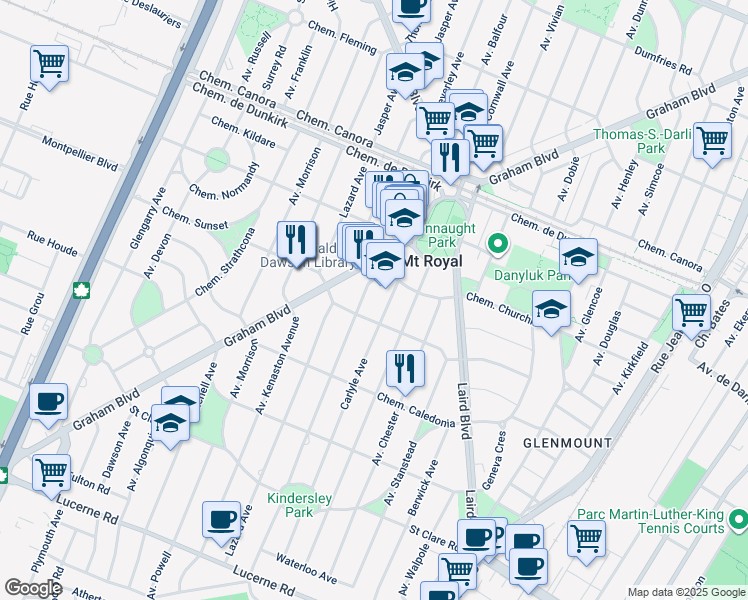 map of restaurants, bars, coffee shops, grocery stores, and more near in Mount Royal