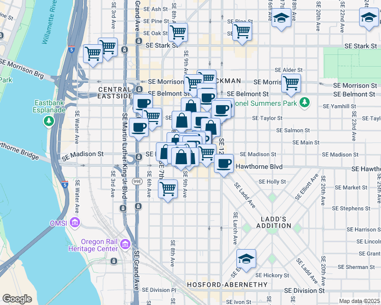 map of restaurants, bars, coffee shops, grocery stores, and more near 1380 Southeast 9th Avenue in Portland