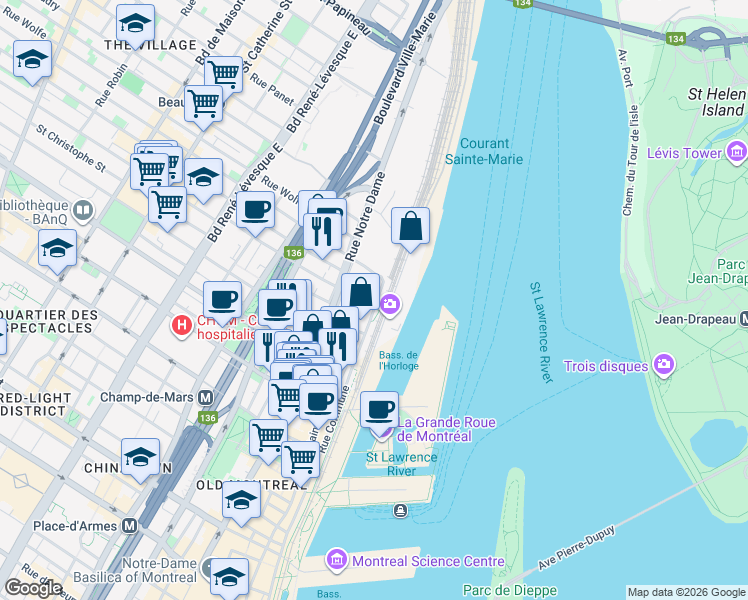 map of restaurants, bars, coffee shops, grocery stores, and more near 901 Rue de la Commune Est in Montréal