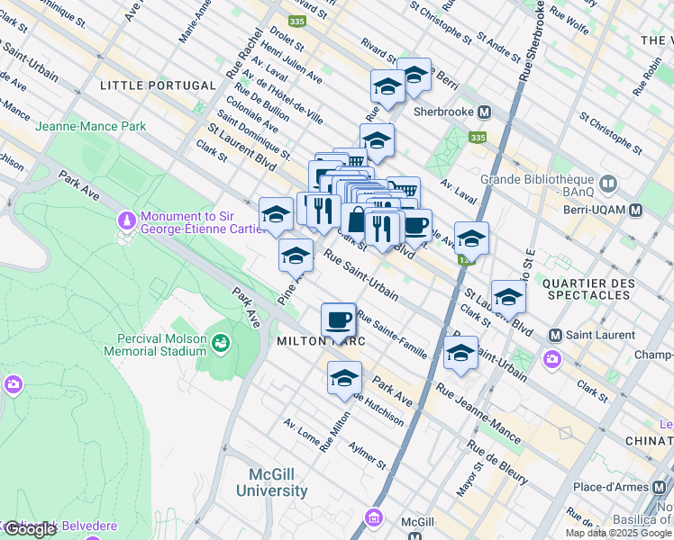map of restaurants, bars, coffee shops, grocery stores, and more near in Montreal
