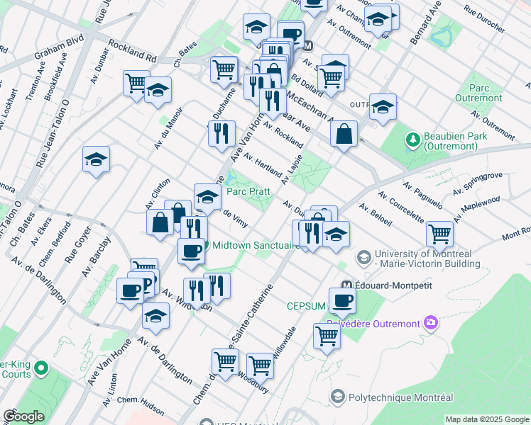 map of restaurants, bars, coffee shops, grocery stores, and more near 1810 Avenue Lajoie in Montreal