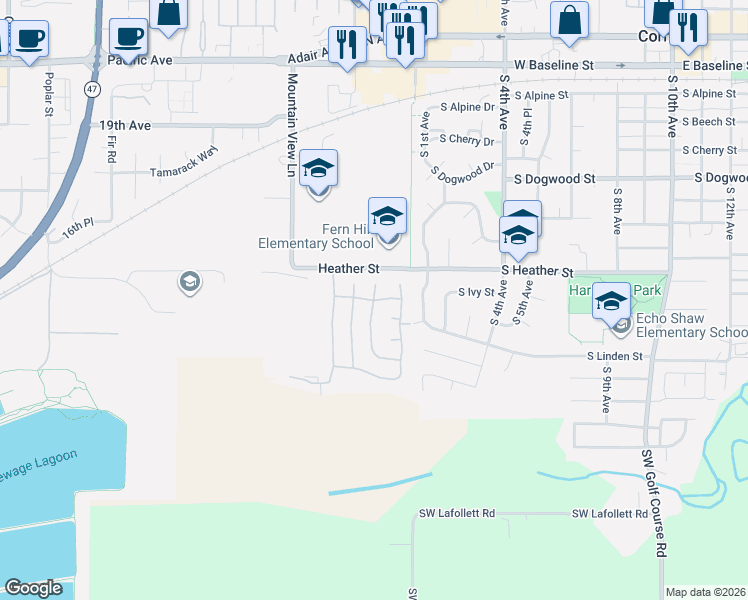 map of restaurants, bars, coffee shops, grocery stores, and more near 1505 Frontier Circle in Forest Grove