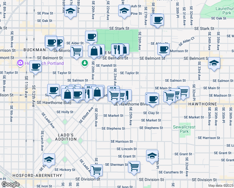 map of restaurants, bars, coffee shops, grocery stores, and more near 2217 Southeast Madison Street in Portland