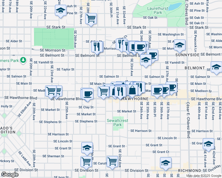 map of restaurants, bars, coffee shops, grocery stores, and more near 1329 Southeast 31st Avenue in Portland