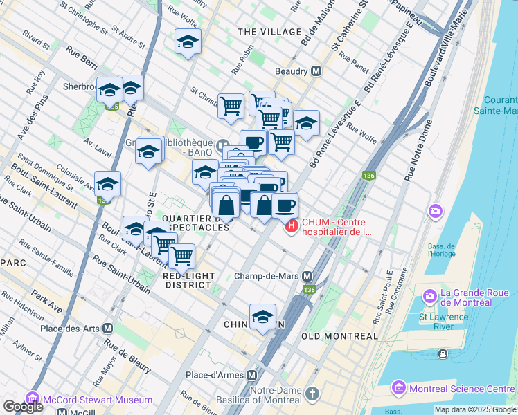 map of restaurants, bars, coffee shops, grocery stores, and more near in Montréal