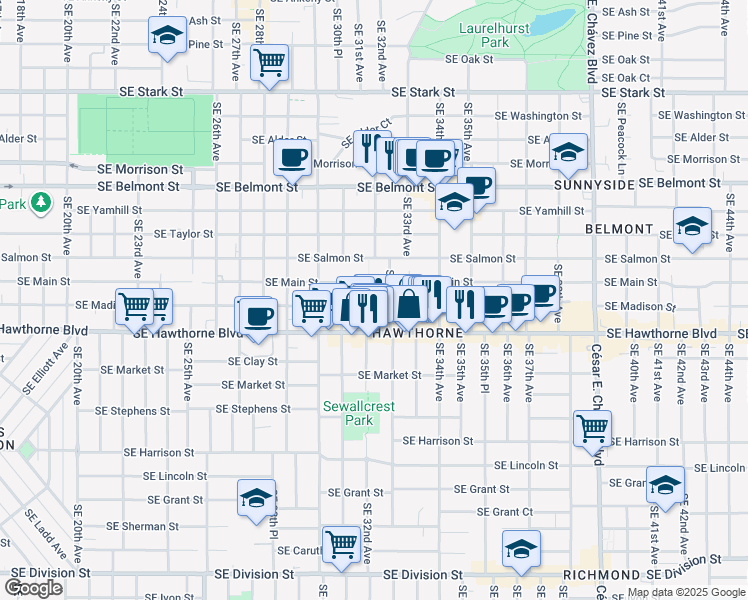 map of restaurants, bars, coffee shops, grocery stores, and more near 1332 Southeast 32nd Avenue in Portland