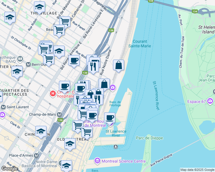 map of restaurants, bars, coffee shops, grocery stores, and more near 901 Rue de la Commune Est in Montréal