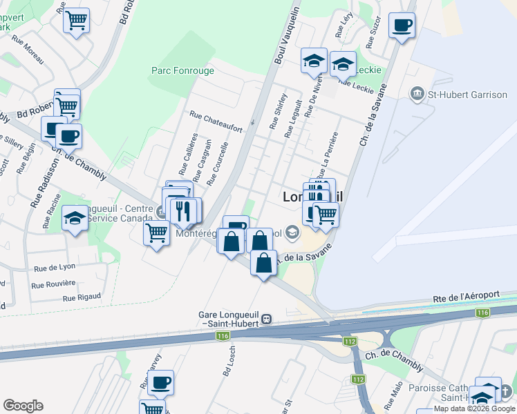 map of restaurants, bars, coffee shops, grocery stores, and more near 4170 Rue Legault in Longueuil