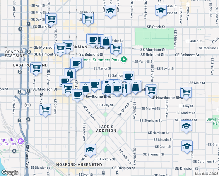 map of restaurants, bars, coffee shops, grocery stores, and more near 1635 Southeast Madison Street in Portland