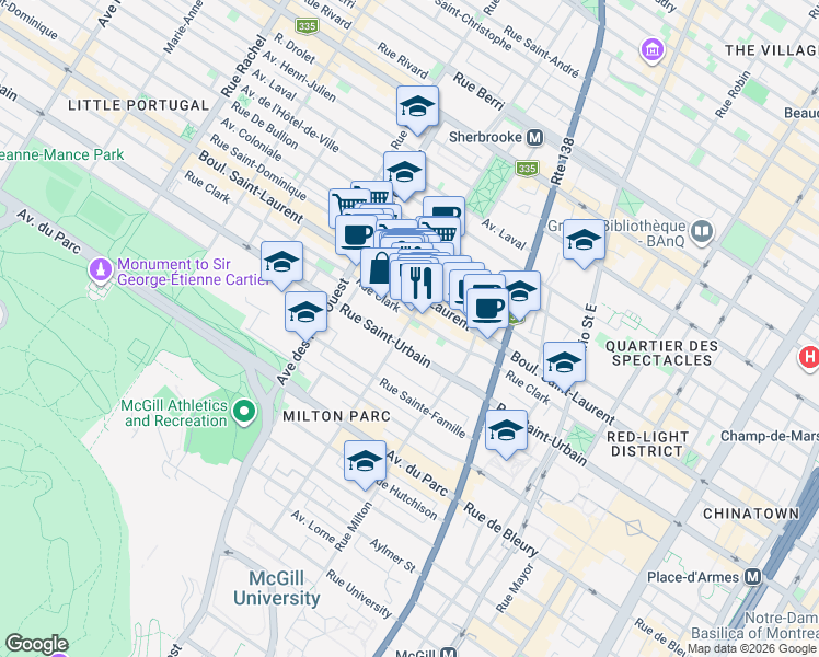 map of restaurants, bars, coffee shops, grocery stores, and more near 68 Rue Prince Arthur Ouest in Montréal