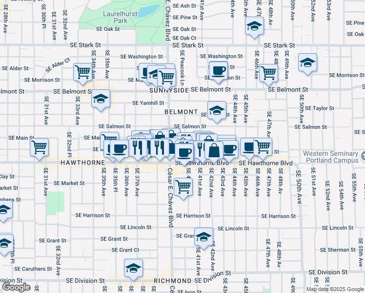 map of restaurants, bars, coffee shops, grocery stores, and more near 3943 Southeast Madison Street in Portland