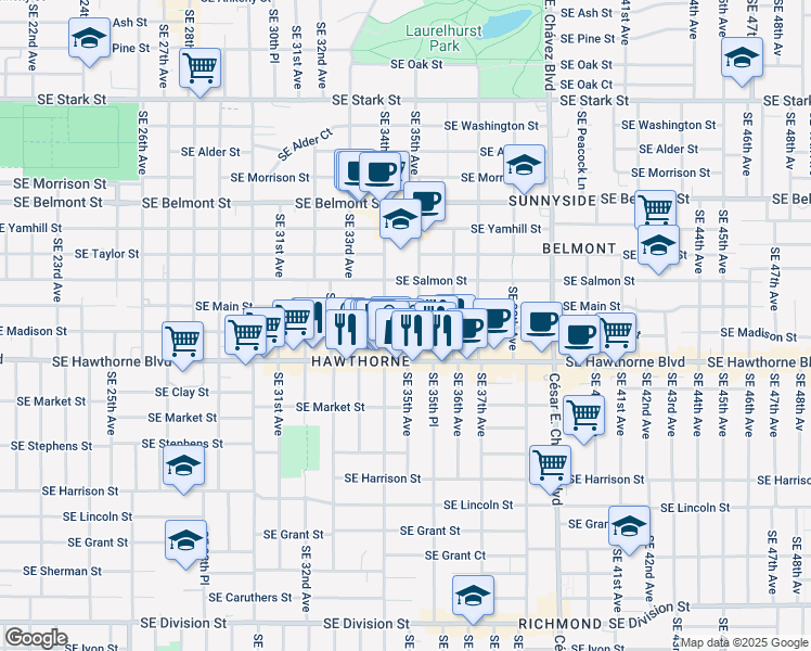 map of restaurants, bars, coffee shops, grocery stores, and more near 3435 Southeast Madison Street in Portland