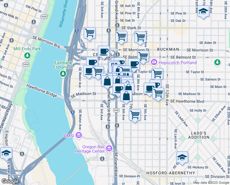 map of restaurants, bars, coffee shops, grocery stores, and more near 503 Southeast Madison Street in Portland
