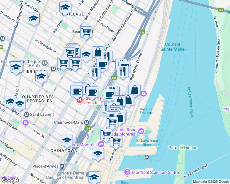 map of restaurants, bars, coffee shops, grocery stores, and more near 810 Rue Saint-Antoine Est in Montréal
