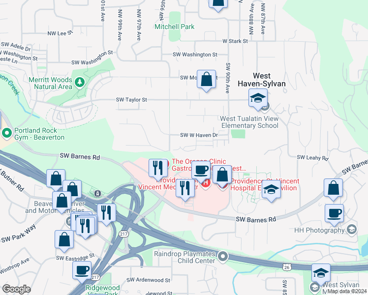 map of restaurants, bars, coffee shops, grocery stores, and more near 9346 Southwest West Haven Drive in Portland