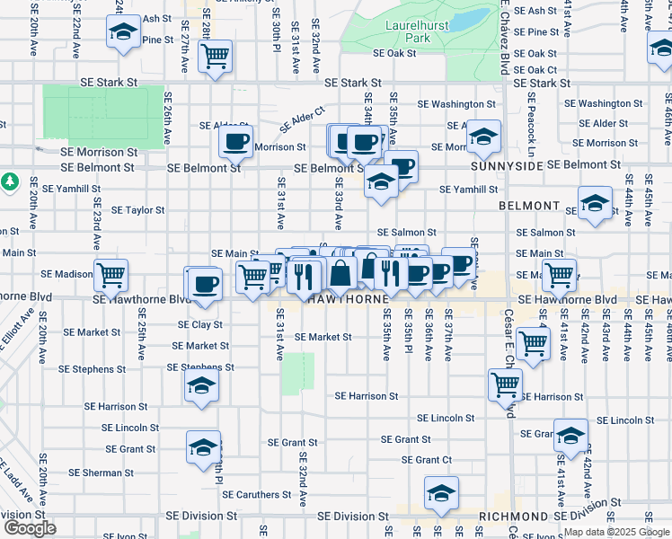 map of restaurants, bars, coffee shops, grocery stores, and more near 3275 Southeast Madison Street in Portland