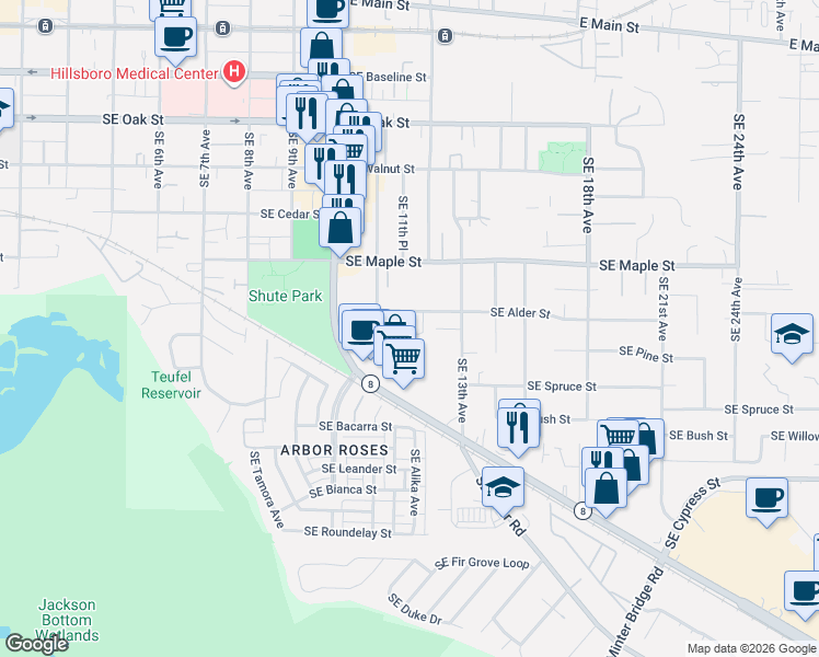 map of restaurants, bars, coffee shops, grocery stores, and more near 1173 Southeast Elm Street in Hillsboro