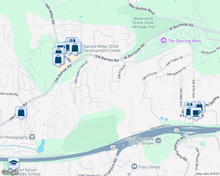 map of restaurants, bars, coffee shops, grocery stores, and more near 897 Southwest Shaker Place in Portland