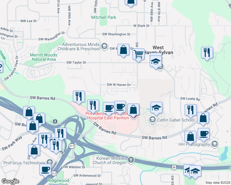 map of restaurants, bars, coffee shops, grocery stores, and more near 9259 Southwest Chopin Lane in Portland