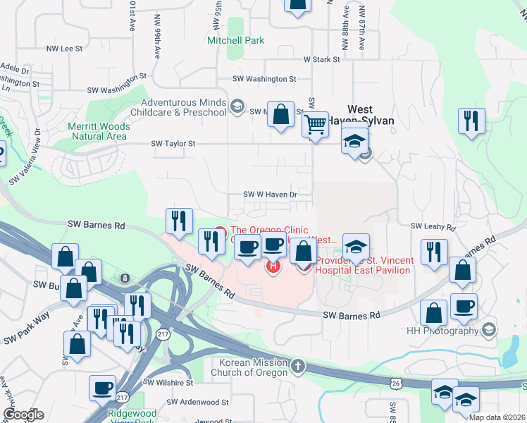 map of restaurants, bars, coffee shops, grocery stores, and more near 9259 Southwest Chopin Lane in Portland