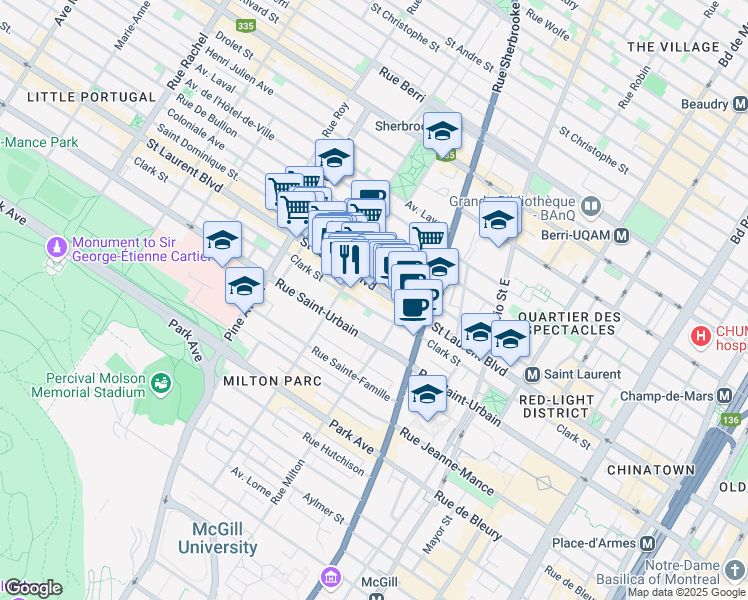 map of restaurants, bars, coffee shops, grocery stores, and more near in Montreal