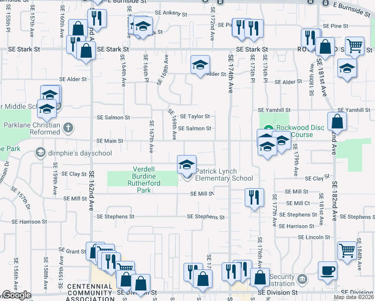 map of restaurants, bars, coffee shops, grocery stores, and more near 1344 Southeast 169th Place in Portland