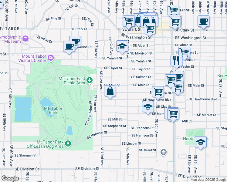 map of restaurants, bars, coffee shops, grocery stores, and more near 7305 Southeast Madison Street in Portland