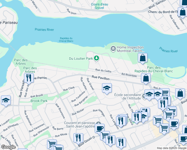 map of restaurants, bars, coffee shops, grocery stores, and more near 12239 Rue Pavillon in Montréal