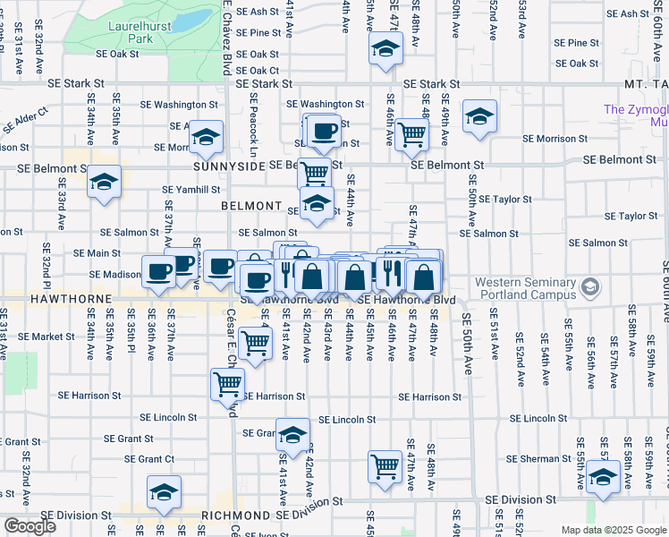 map of restaurants, bars, coffee shops, grocery stores, and more near 4343 Southeast Madison Street in Portland