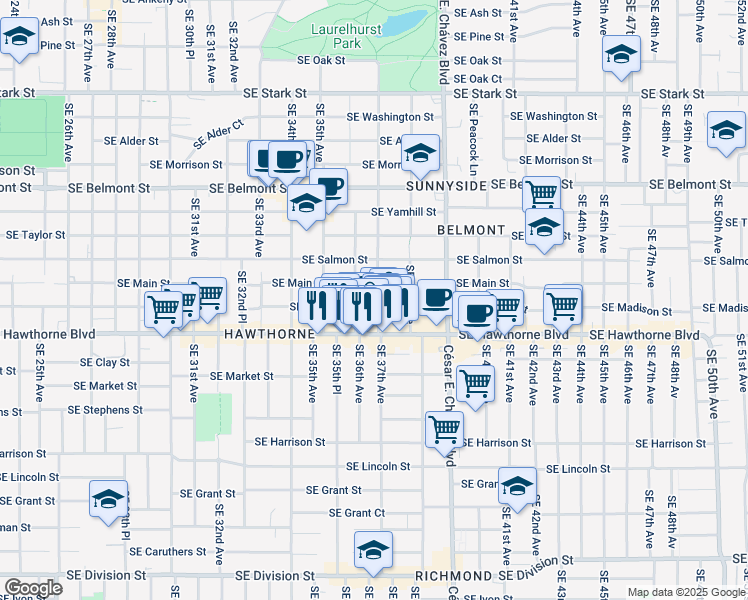 map of restaurants, bars, coffee shops, grocery stores, and more near 3609 Southeast Madison Street in Portland