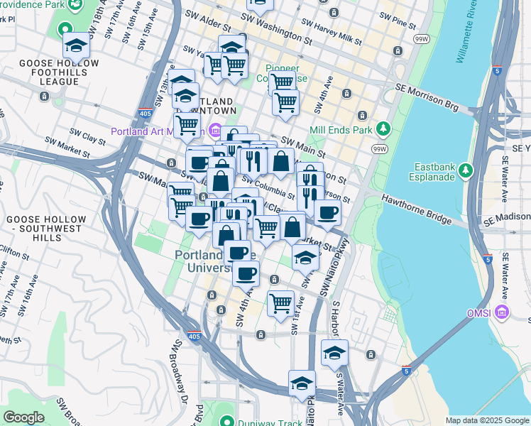 map of restaurants, bars, coffee shops, grocery stores, and more near in Portland