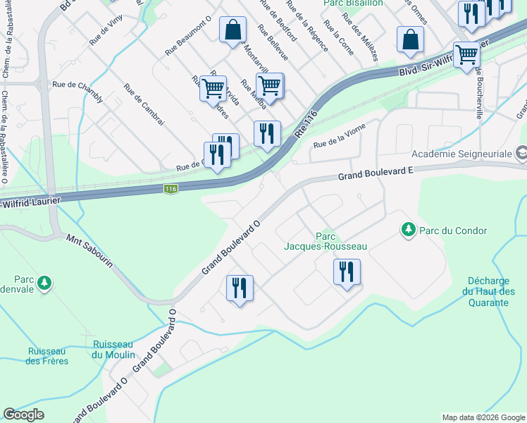 map of restaurants, bars, coffee shops, grocery stores, and more near 69 Grand Boulevard Ouest in Saint-Bruno-de-Montarville