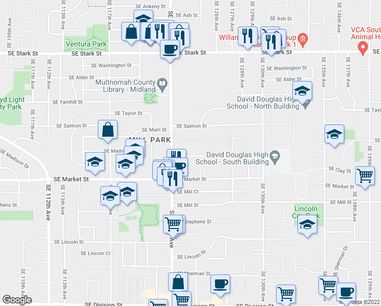 map of restaurants, bars, coffee shops, grocery stores, and more near 12303 Southeast Madison Street in Portland