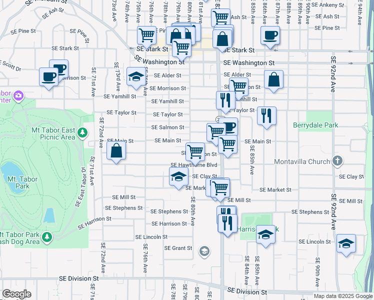 map of restaurants, bars, coffee shops, grocery stores, and more near 1337 Southeast 80th Avenue in Portland