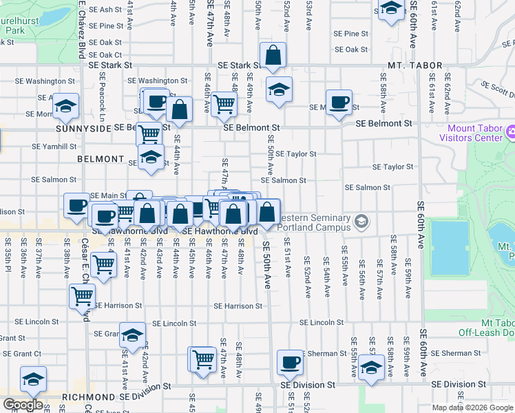 map of restaurants, bars, coffee shops, grocery stores, and more near 1339 Southeast 50th Avenue in Portland