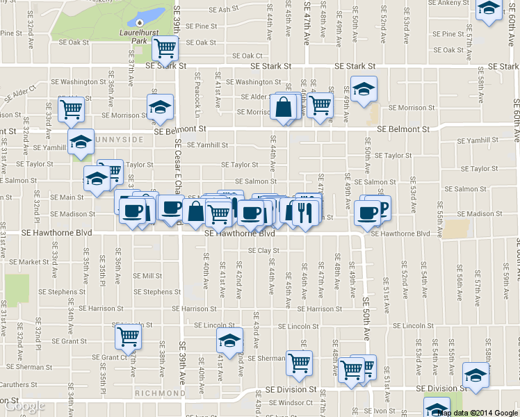 map of restaurants, bars, coffee shops, grocery stores, and more near 4343 Southeast Madison Street in Portland
