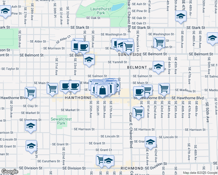 map of restaurants, bars, coffee shops, grocery stores, and more near 3609 Southeast Madison Street in Portland