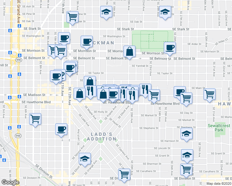 map of restaurants, bars, coffee shops, grocery stores, and more near 1805 Southeast Madison Street in Portland