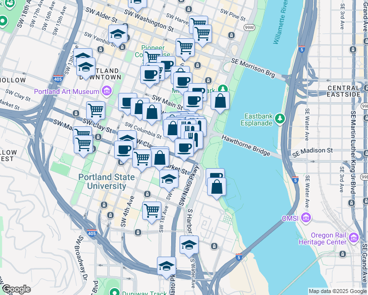 map of restaurants, bars, coffee shops, grocery stores, and more near 100 Southwest Columbia Street in Portland