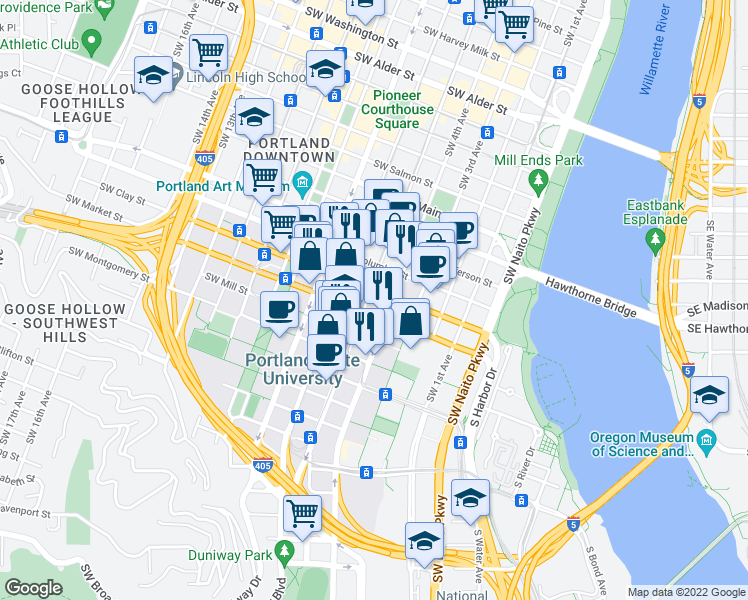 map of restaurants, bars, coffee shops, grocery stores, and more near in Portland