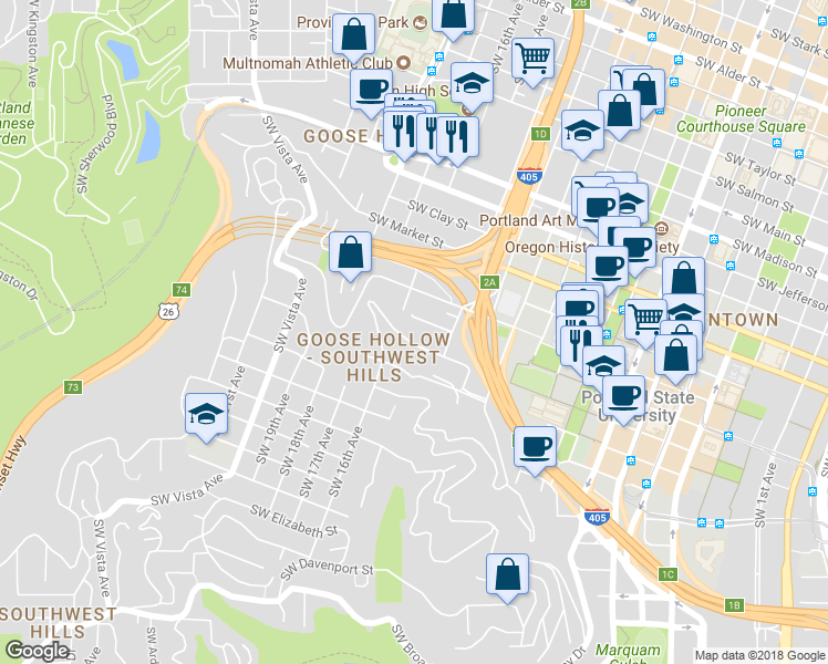 map of restaurants, bars, coffee shops, grocery stores, and more near 1518 Southwest Upper Hall Street in Portland