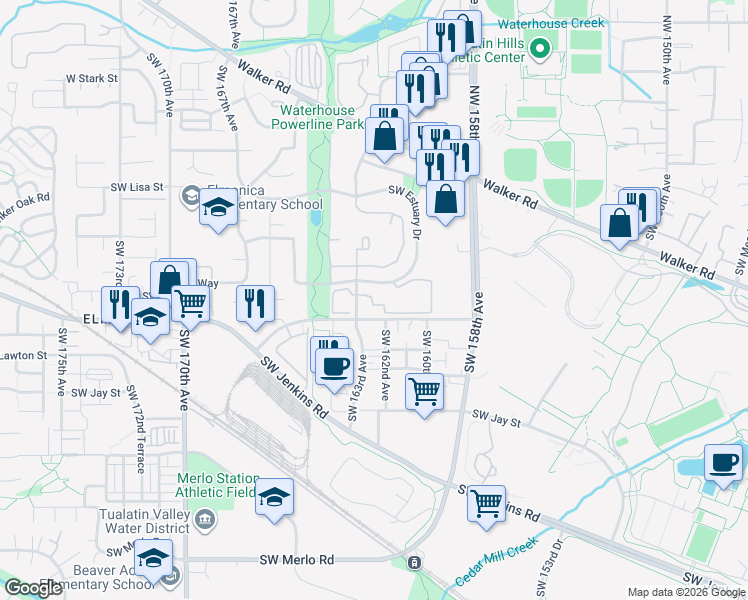 map of restaurants, bars, coffee shops, grocery stores, and more near 950 Southwest 163rd Avenue in Beaverton