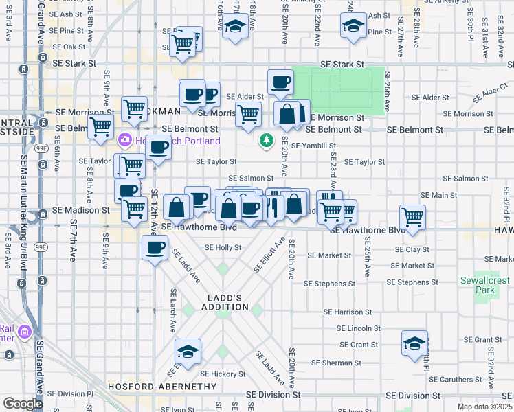map of restaurants, bars, coffee shops, grocery stores, and more near 1805 Southeast Madison Street in Portland