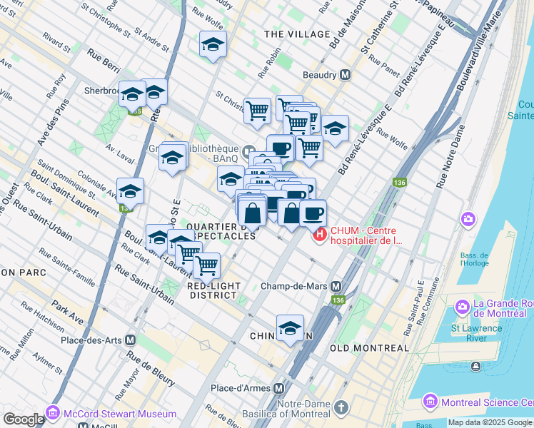 map of restaurants, bars, coffee shops, grocery stores, and more near in Montréal