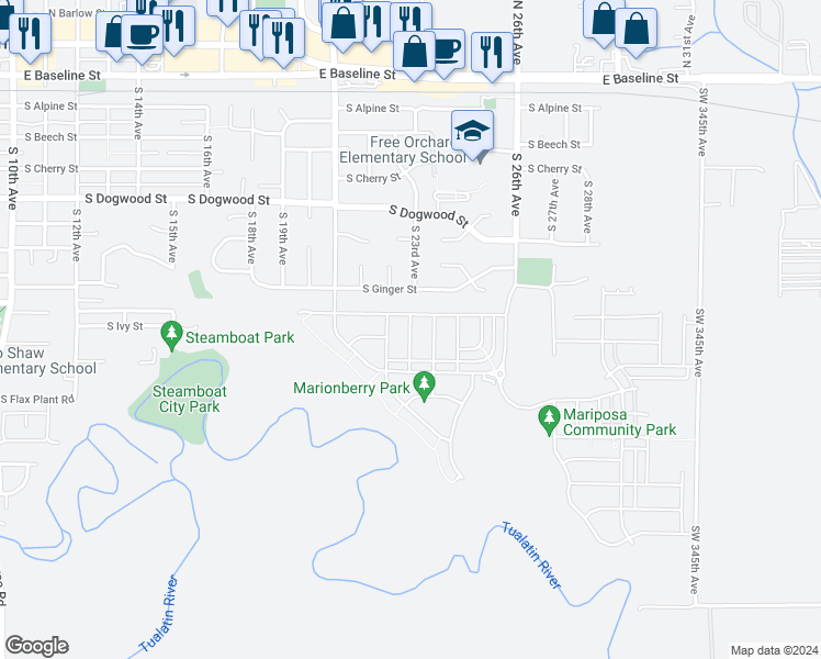 map of restaurants, bars, coffee shops, grocery stores, and more near 847 South 23rd Avenue in Cornelius
