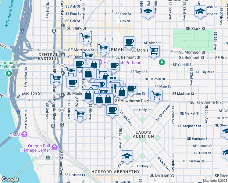 map of restaurants, bars, coffee shops, grocery stores, and more near 1340 Southeast 12th Avenue in Portland