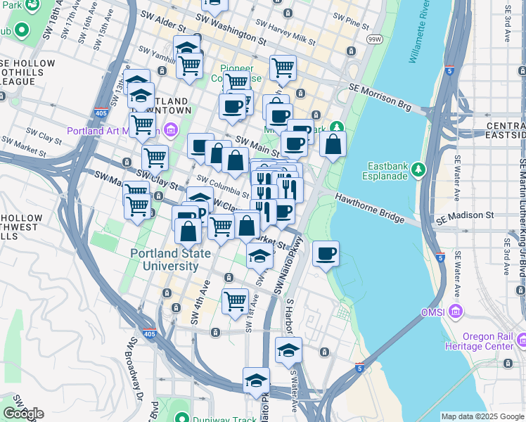 map of restaurants, bars, coffee shops, grocery stores, and more near 1414 Southwest 3rd Avenue in Portland