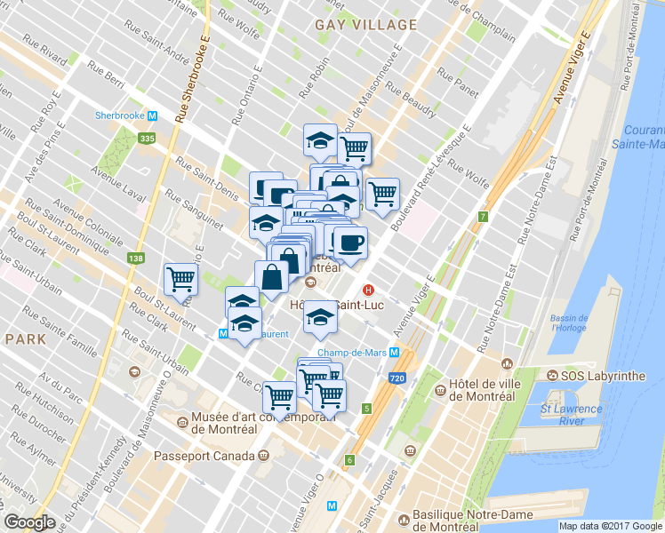 map of restaurants, bars, coffee shops, grocery stores, and more near 1238 Rue Saint-Denis in Montréal