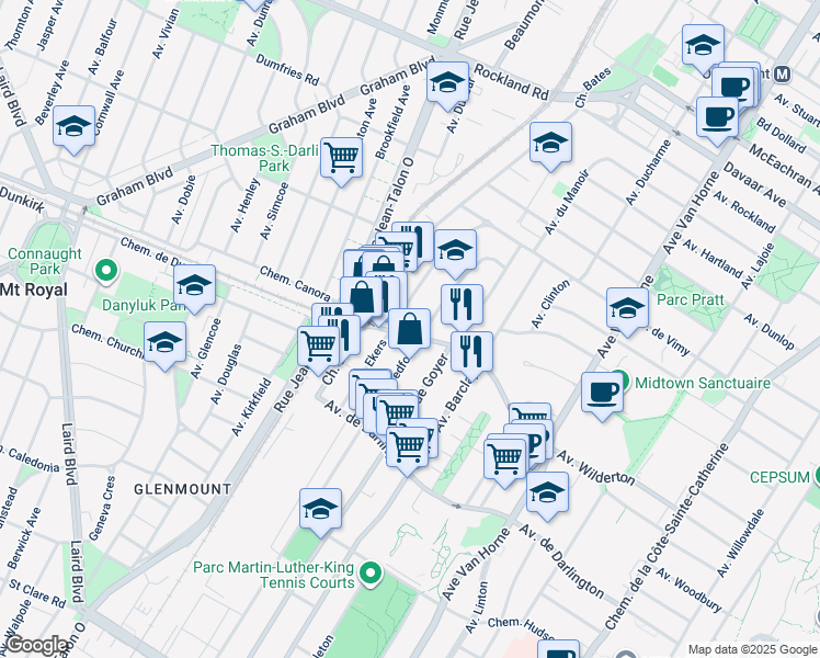 map of restaurants, bars, coffee shops, grocery stores, and more near 6827 Avenue Wilderton in Montréal